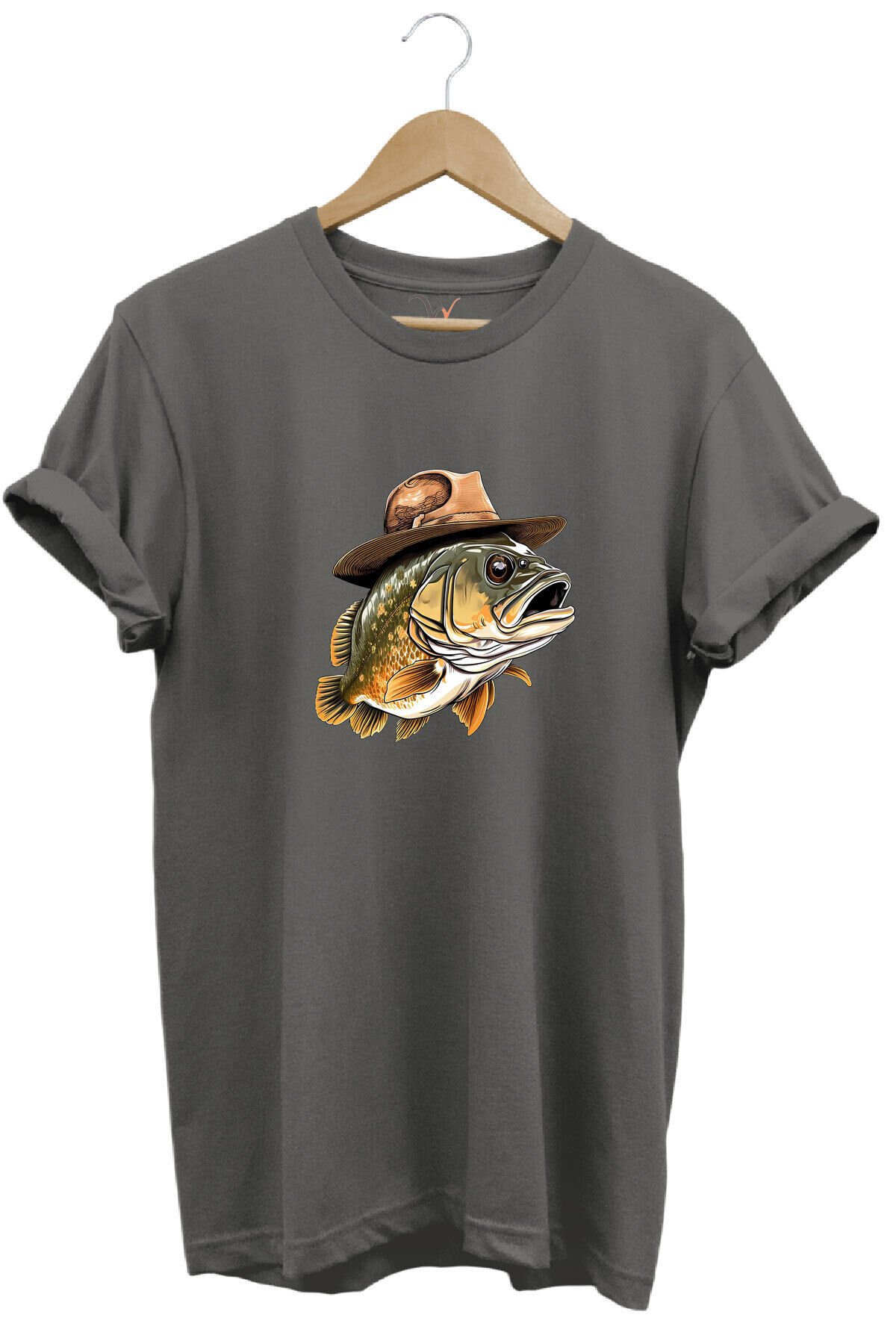 Avcılık Hunting Şapkalı Levrek Balığı Baskılı %100 Pamuk Regular Fit Bisiklet Yaka Gri T-shirt Gri - XL
