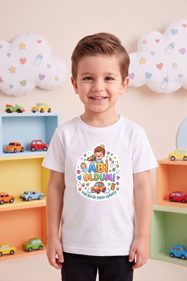 Abi Oldum Baskılı Erkek Çocuk Tişört - Yeni Kardeş Müjdesi ve Cinsiyet Partisi T-Shirt