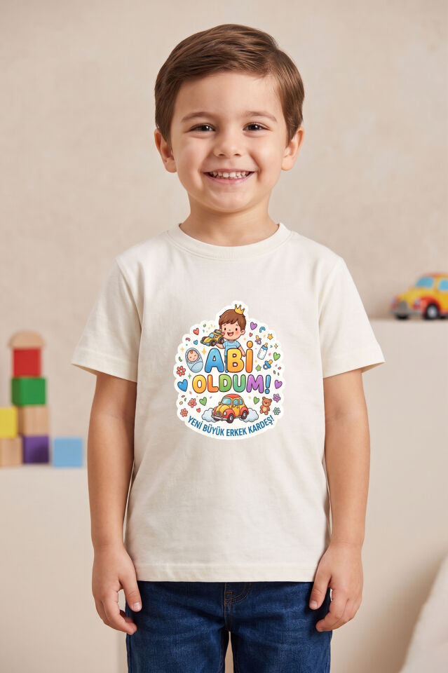 Abi Oldum Baskılı Erkek Çocuk Tişört - Yeni Kardeş Müjdesi ve Cinsiyet Partisi T-Shirt