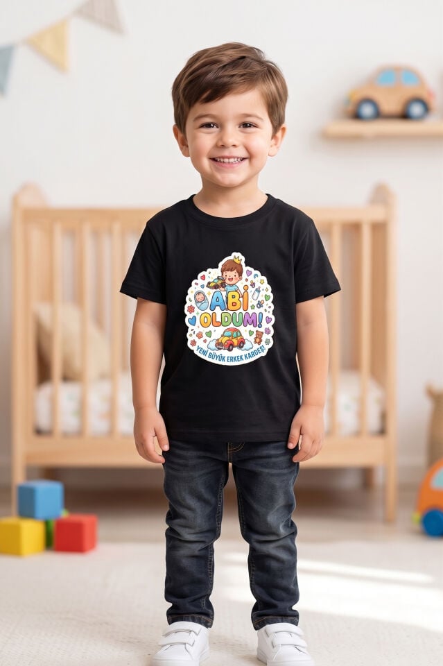 Abi Oldum Baskılı Erkek Çocuk Tişört - Yeni Kardeş Müjdesi ve Cinsiyet Partisi T-Shirt