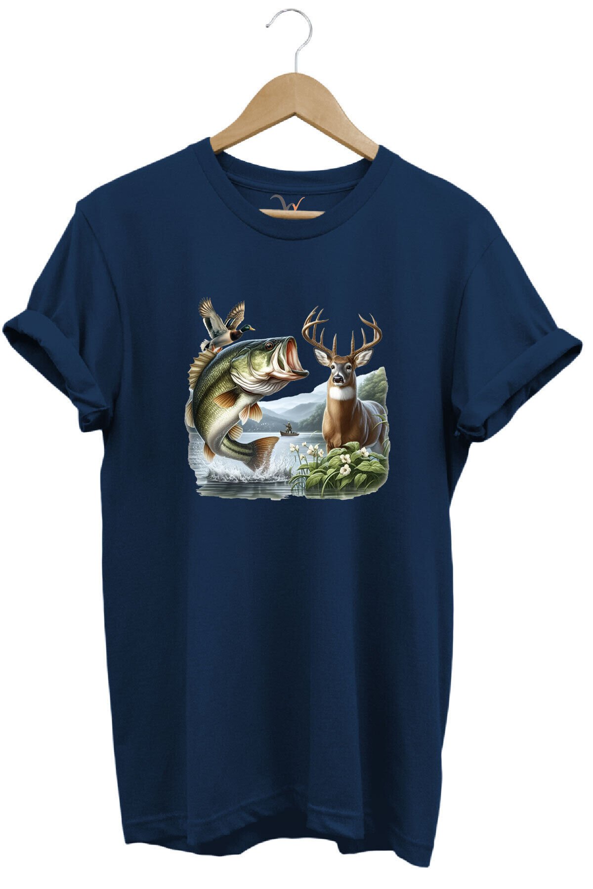 Balıkçılık ve Avcılık Temalı Geyik, Ördek ve Turna Balığı Baskılı %100 Pamuk Regular Fit T-Shirt Lacivert - 2XL