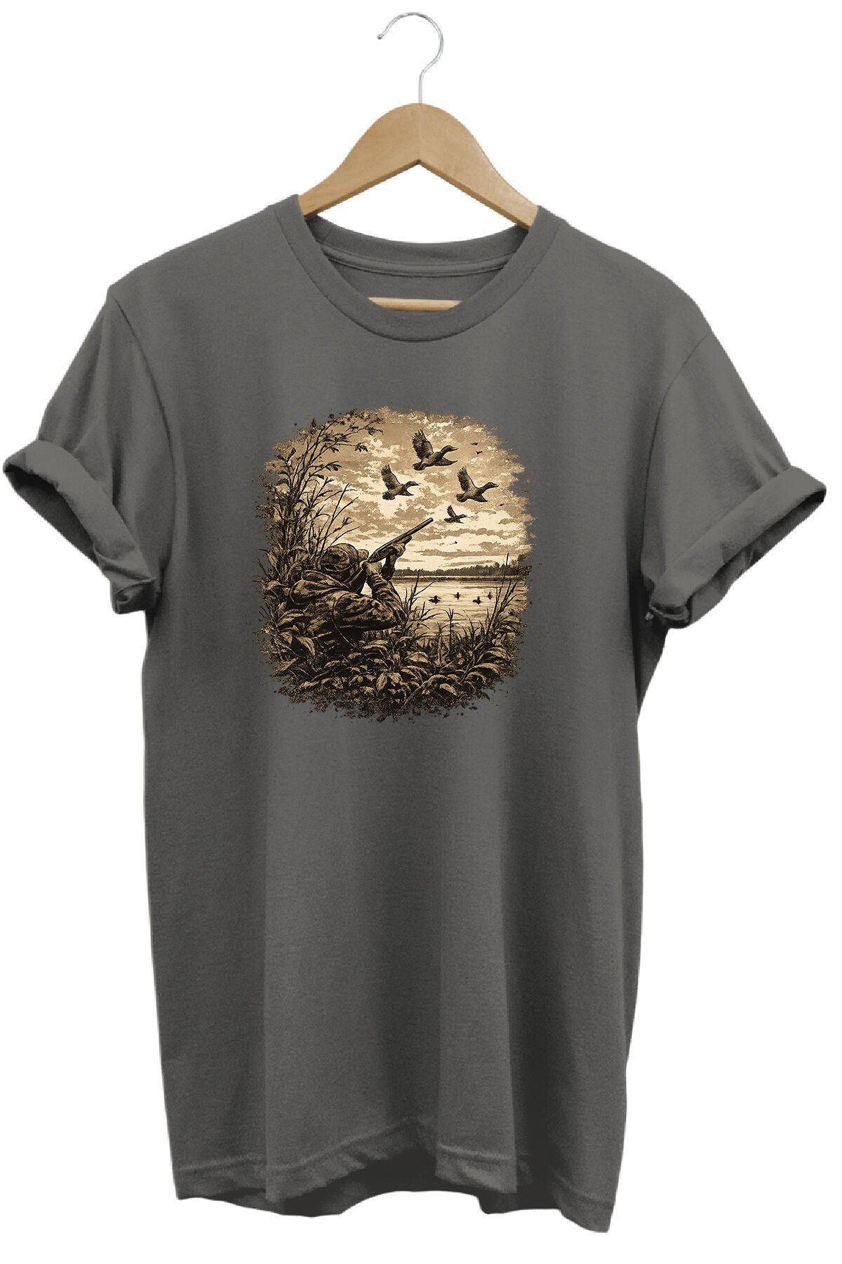 Huntwear Atıcılık ve Arazi Köpeği Baskılı Doğa Tişörtü Outdoor Giyim Gri Melanj - S