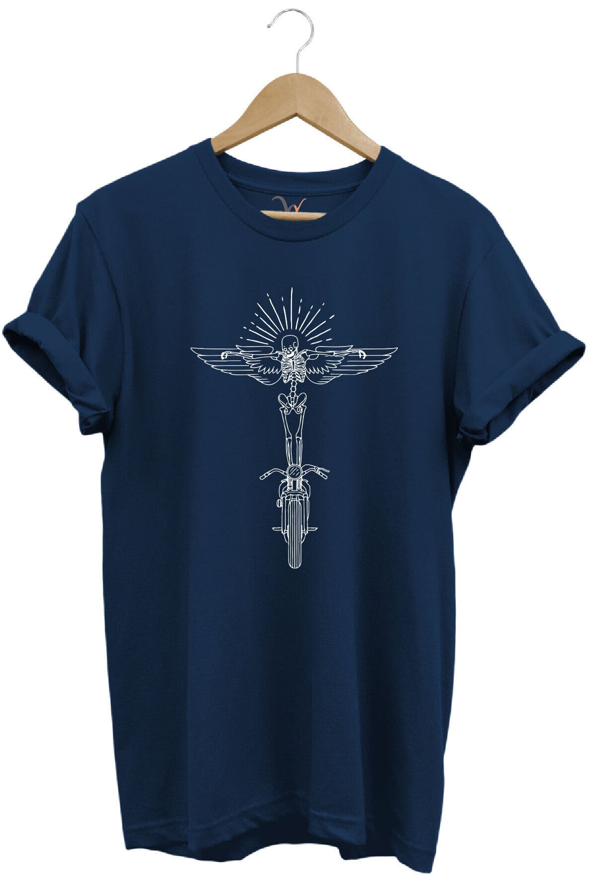 Motorcu Kanat Ve Iskelet Çizgisel Tasarım Baskılı %100 Pamuk Regular Fit Premium Beyaz T-shirt Lacivert - XL