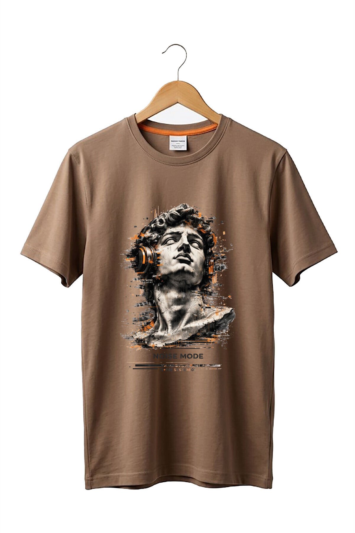 Unisex Modern Sanat Heykel ve Mitoloji Baskılı Noise Mode Tasarım %100 Pamuk Basic T-Shirt Açık Kahverengi - M