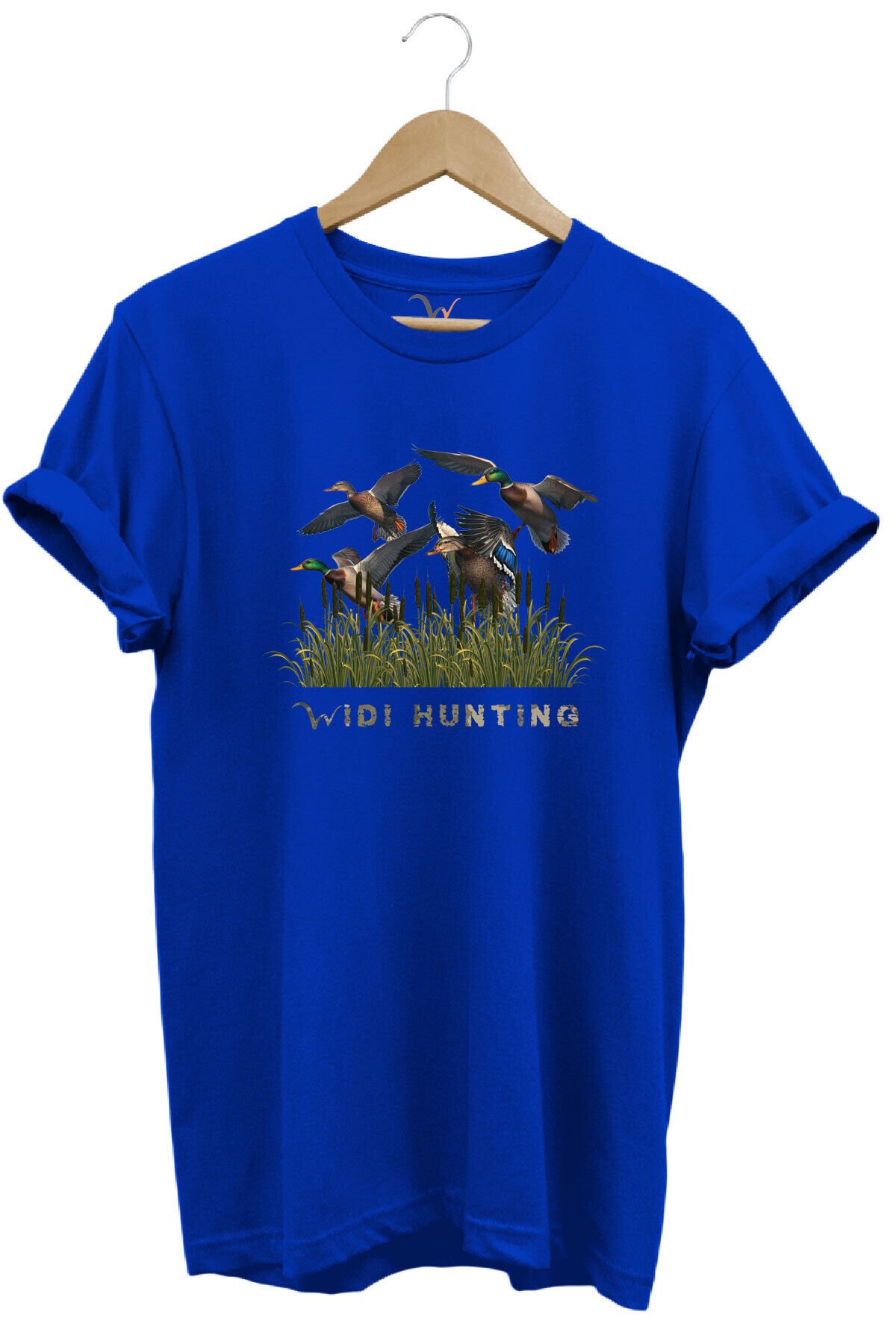 Widi Hunting Avcılık Ördek Avı Baskılı %100 Pamuk Regular Fit Bisiklet Yaka Mavi T-shirt