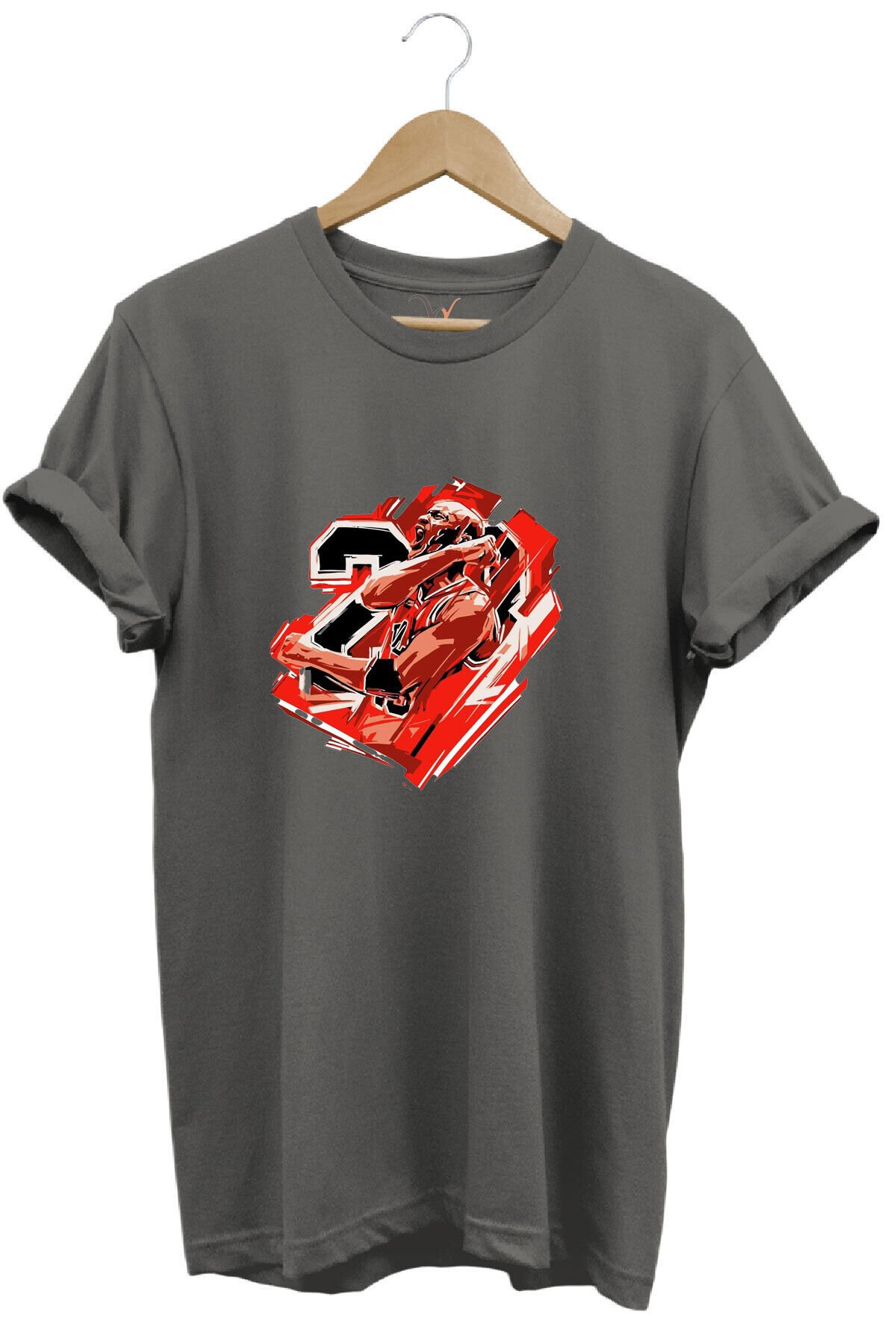Basketbol Tasarım Kalpli Jordan Basketçi Baskılı %100 Pamuk Gri T-shirt
