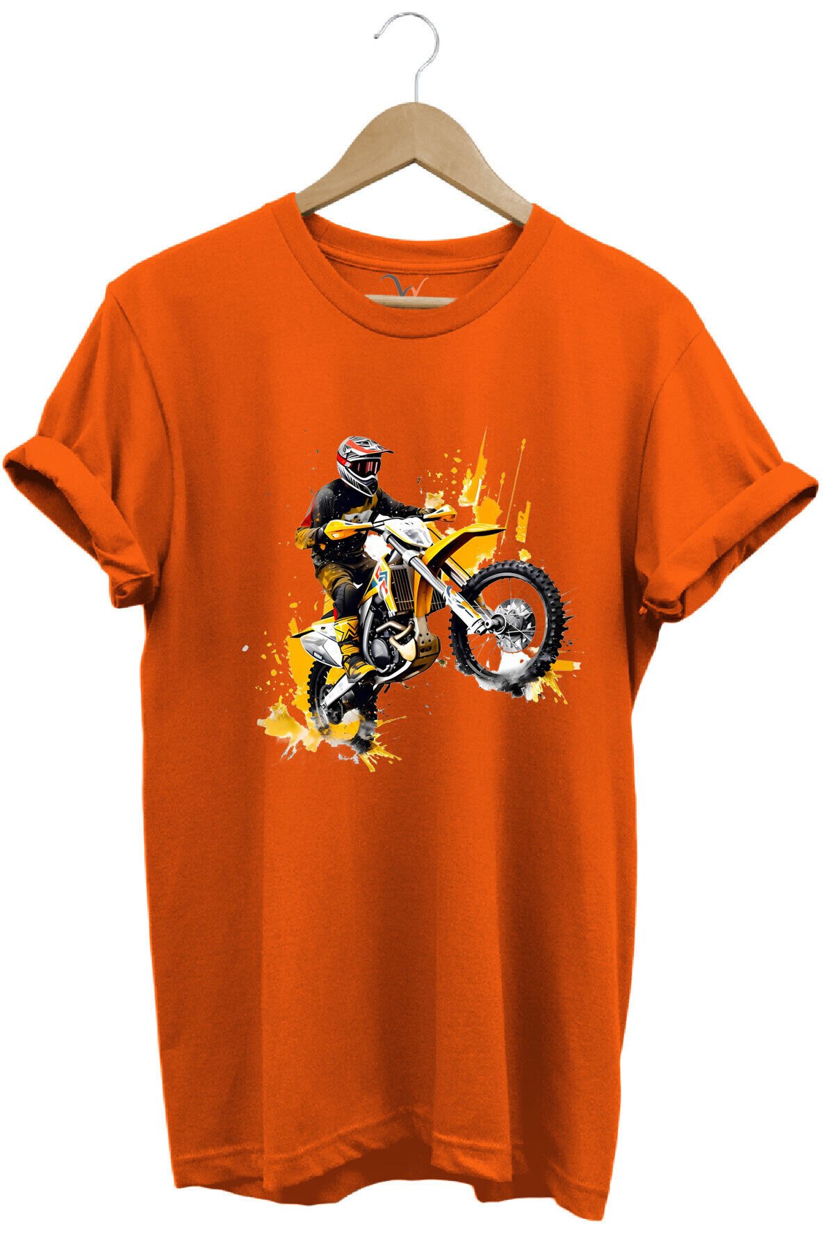 Motorcu Cross Motosiklet Baskılı Ön Kaldıran Motorcu %100 Pamuk Regular Fit Bisiklet Yaka T-Shirt Turuncu - M