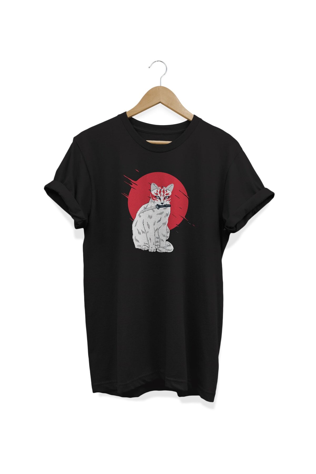 Kedi Baskılı Siyah T-shirt