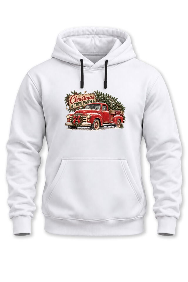 Unisex Yılbaşı Temalı Vintage Kamyon ve Çam Ağacı Baskılı Kapüşonlu Sweatshirt Hoodie