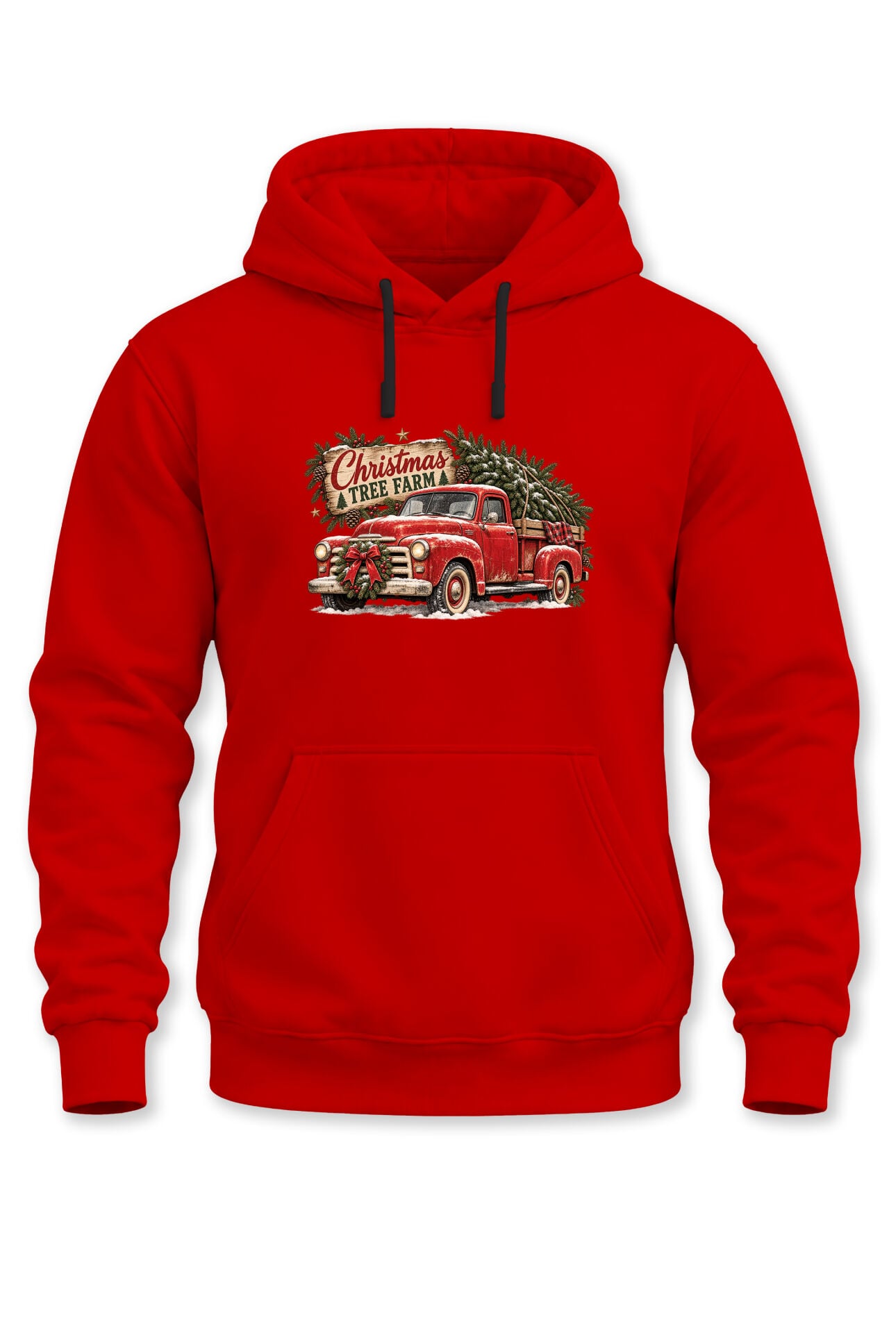 Unisex Yılbaşı Temalı Vintage Kamyon ve Çam Ağacı Baskılı Kapüşonlu Sweatshirt Hoodie