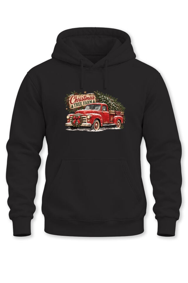 Unisex Yılbaşı Temalı Vintage Kamyon ve Çam Ağacı Baskılı Kapüşonlu Sweatshirt Hoodie