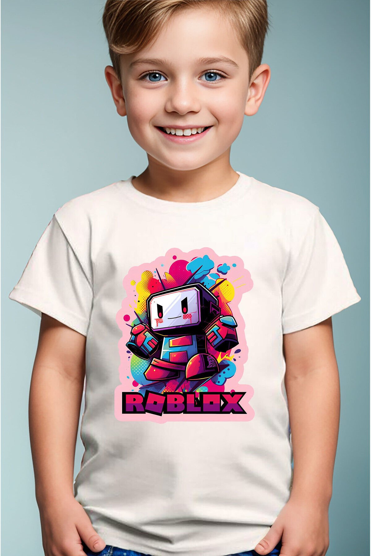 Roblox Yazılı Renkli Karakter Baskılı %100 Pamuk Premium Erkek Çocuk Kız Çocuk Beyaz T-shirt Beyaz - 7-8 Yaş