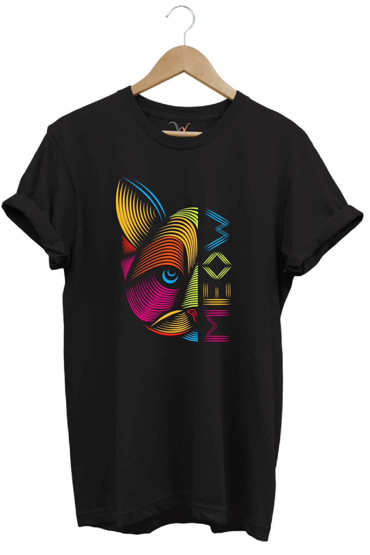 MEOW Renkli Geometrik Kedi Baskılı %100 Pamuk Unisex Regular Fit T-Shirt Siyah - 4XL