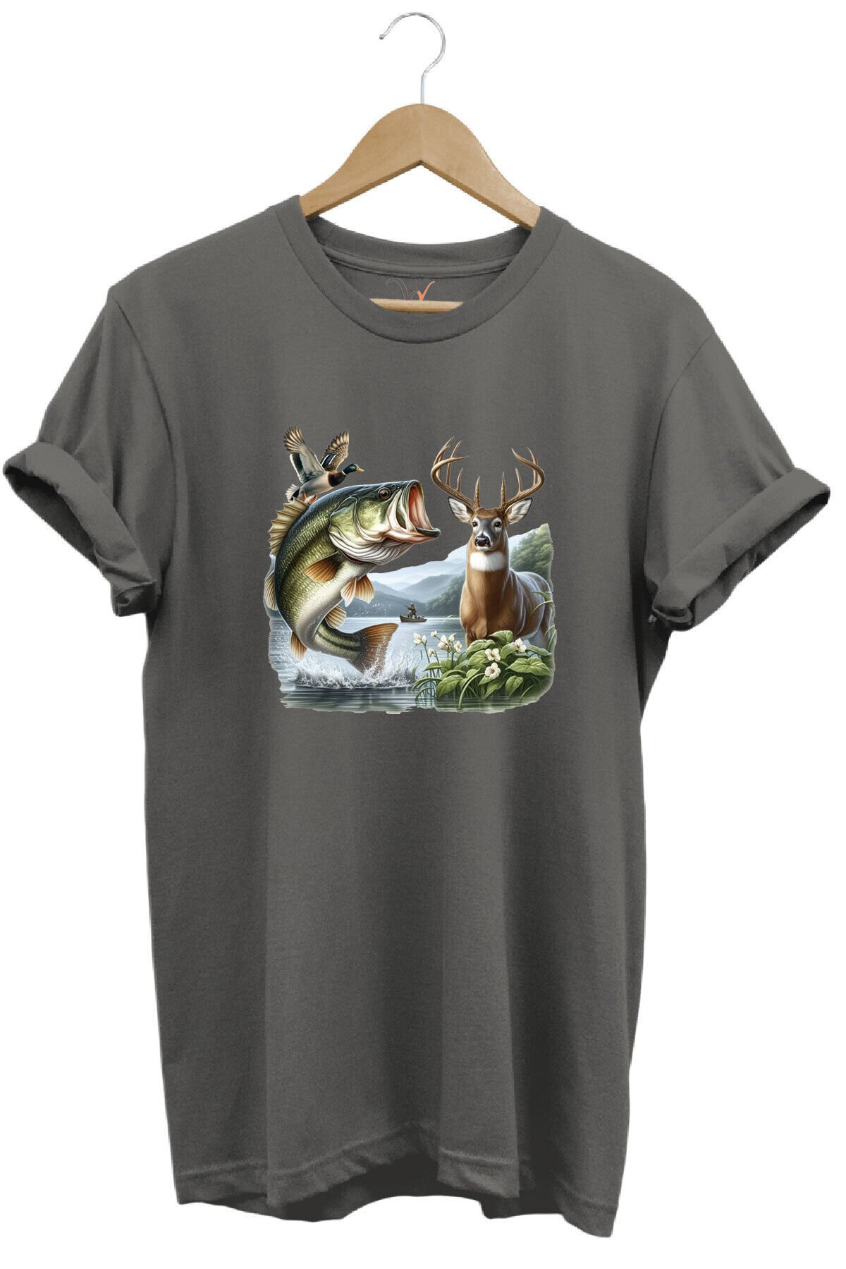 Balıkçılık ve Avcılık Temalı Geyik, Ördek ve Turna Balığı Baskılı %100 Pamuk Regular Fit T-Shirt Gri - M