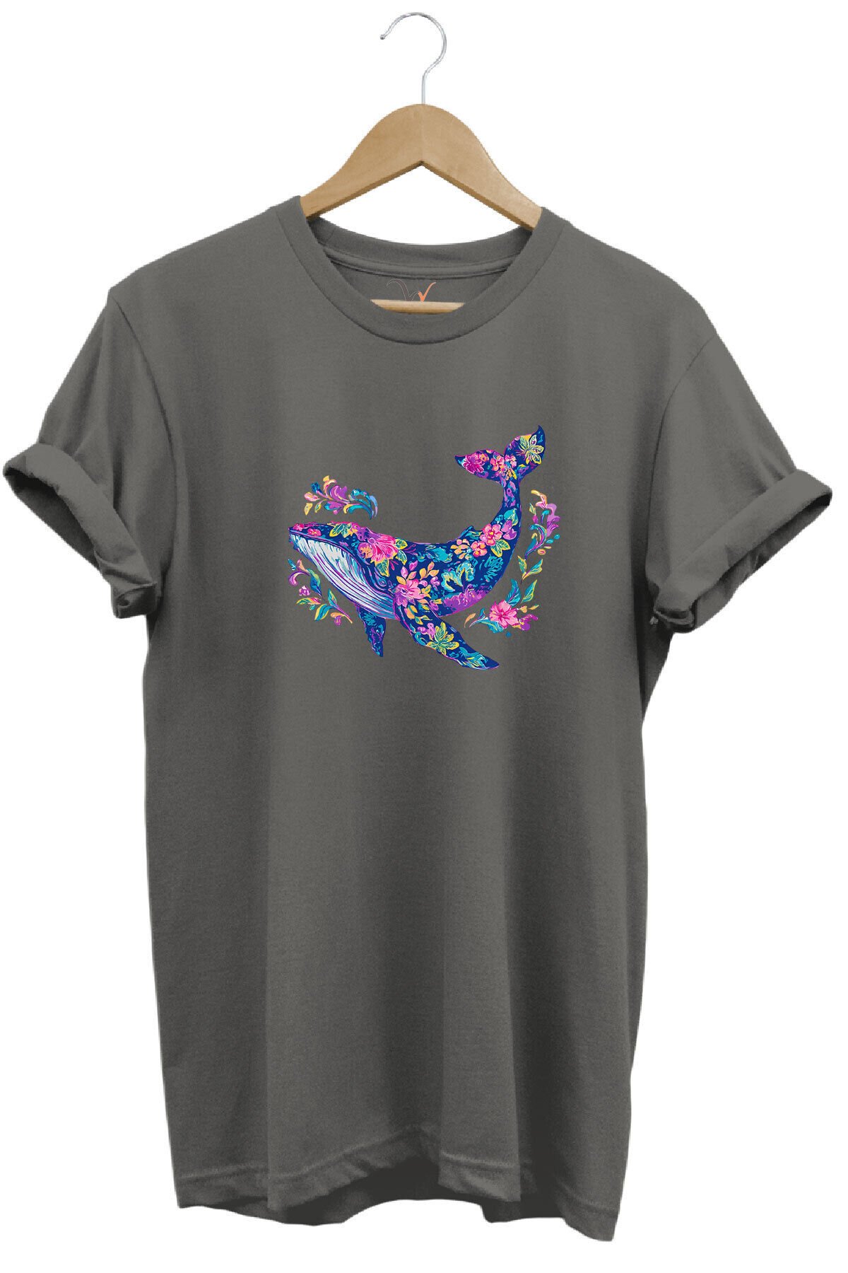 Renkli Balık Balina Desenli Baskılı %100 Pamuk Regular Fit Unisex T-Shirt Gri - 3XL