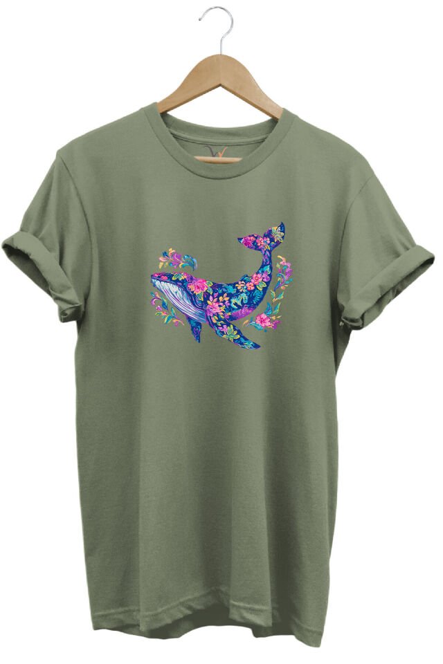 Renkli Balık Balina Desenli Baskılı %100 Pamuk Regular Fit Unisex T-Shirt Haki - 2XL