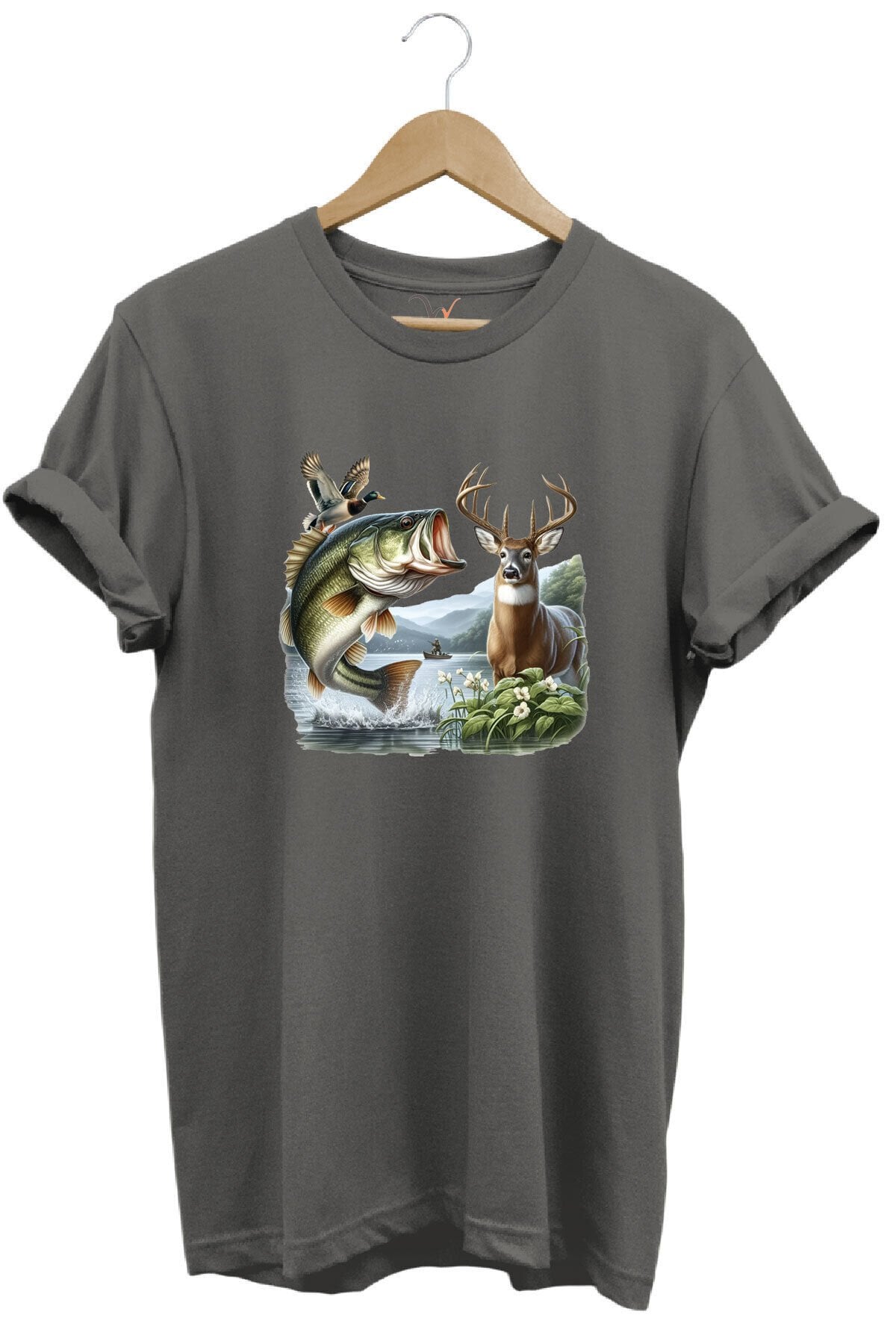 Balıkçılık ve Avcılık Temalı Geyik, Ördek ve Turna Balığı Baskılı %100 Pamuk Regular Fit T-Shirt Gri - XL