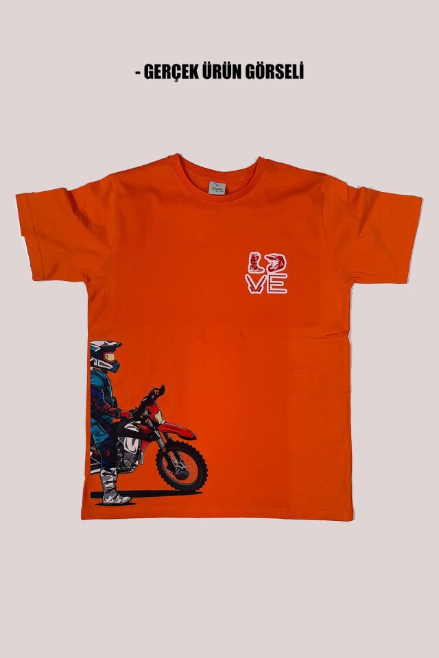 Cross Motor Enduro Ekipmanları Göğüs Ve Yan Detay Baskılı Regular Fit %100 Pamuk Turuncu T-shirt Turuncu - S