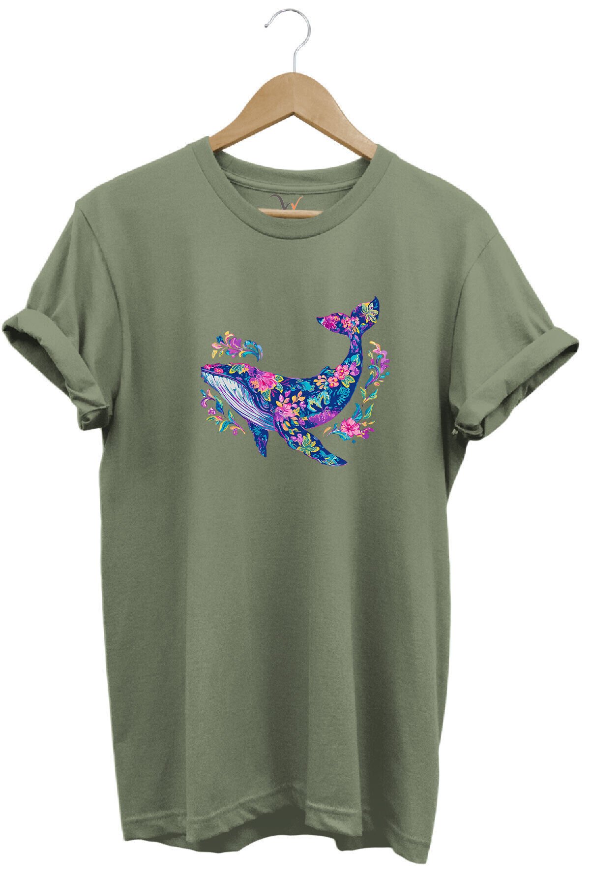 Renkli Balık Balina Desenli Baskılı %100 Pamuk Regular Fit Unisex T-Shirt Haki - M