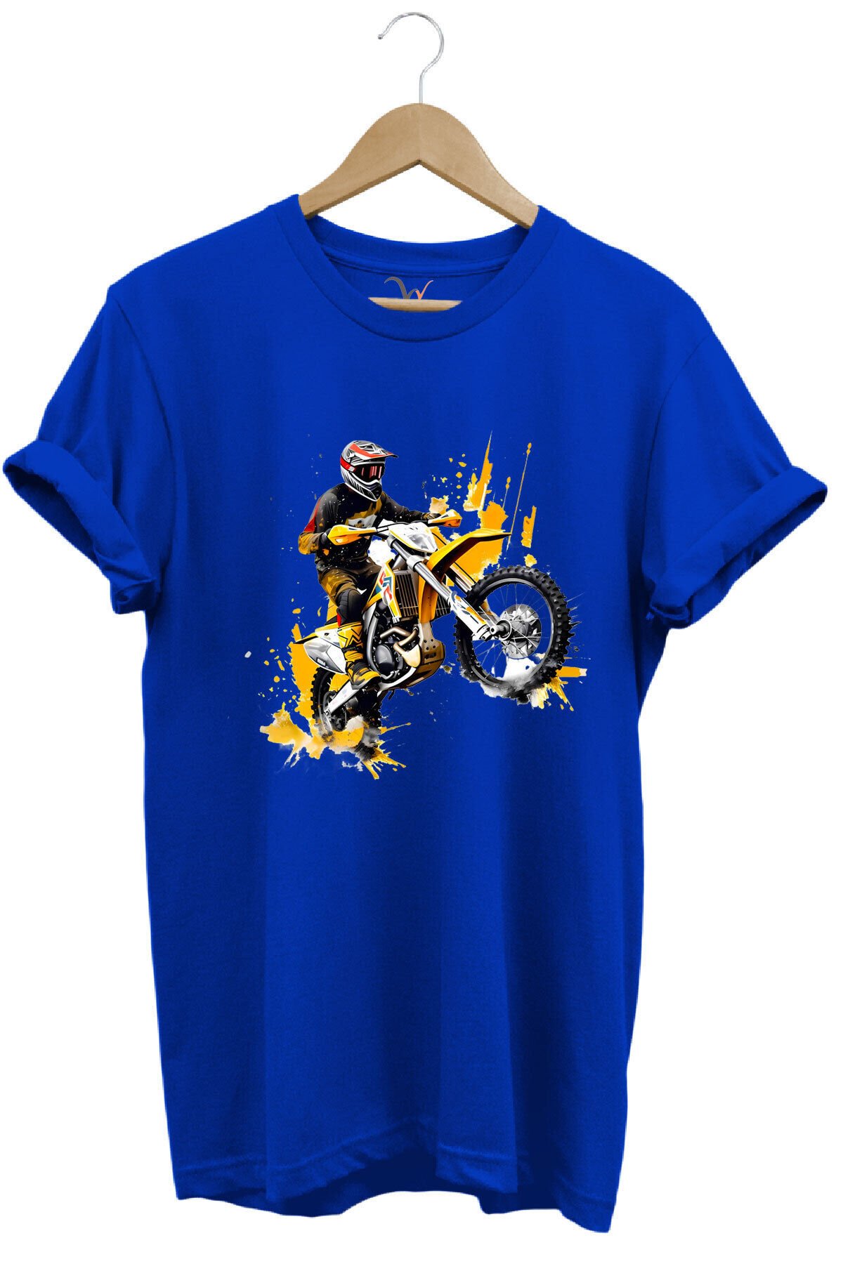 Motorcu Cross Motosiklet Baskılı Ön Kaldıran Motorcu %100 Pamuk Regular Fit Bisiklet Yaka T-Shirt Mavi - 3XL