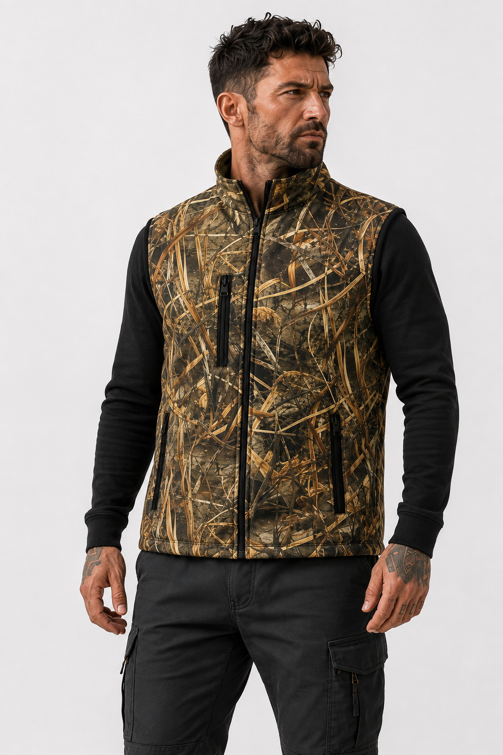 Widi Collection Saz Desenli Avcı Yeleği Fermuarlı Cepli Outdoor Kamuflaj Erkek Yelek