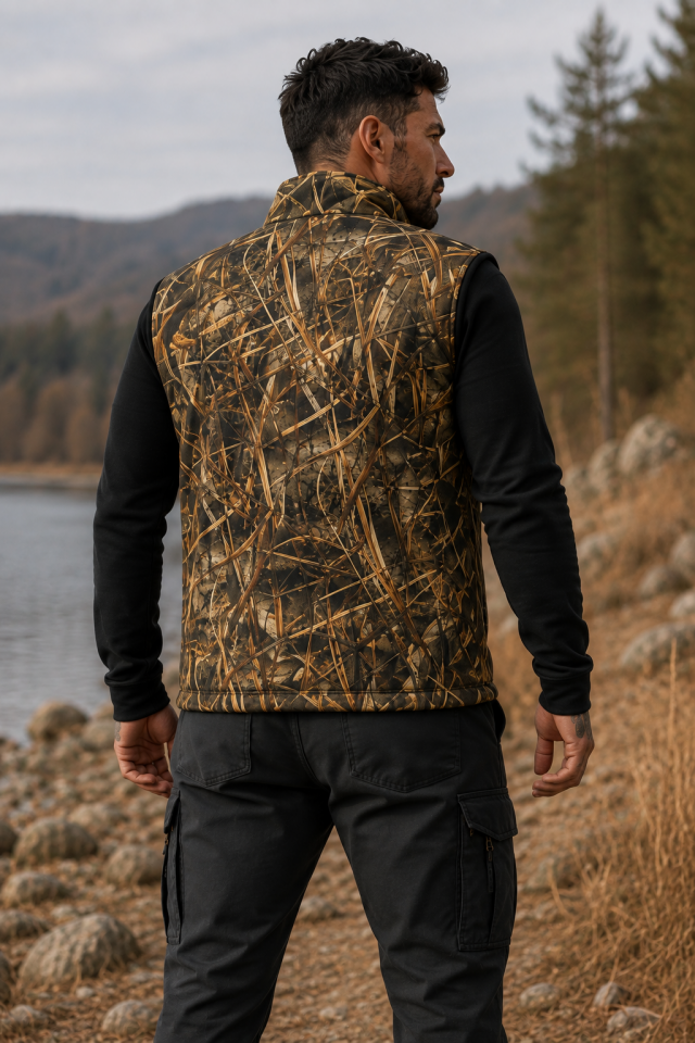Widi Collection Saz Desenli Avcı Yeleği Fermuarlı Cepli Outdoor Kamuflaj Erkek Yelek