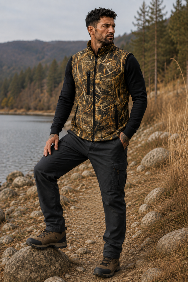 Widi Collection Saz Desenli Avcı Yeleği Fermuarlı Cepli Outdoor Kamuflaj Erkek Yelek