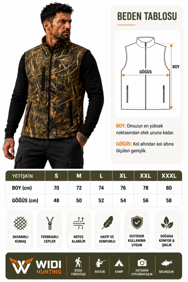 Widi Collection Saz Desenli Avcı Yeleği Fermuarlı Cepli Outdoor Kamuflaj Erkek Yelek