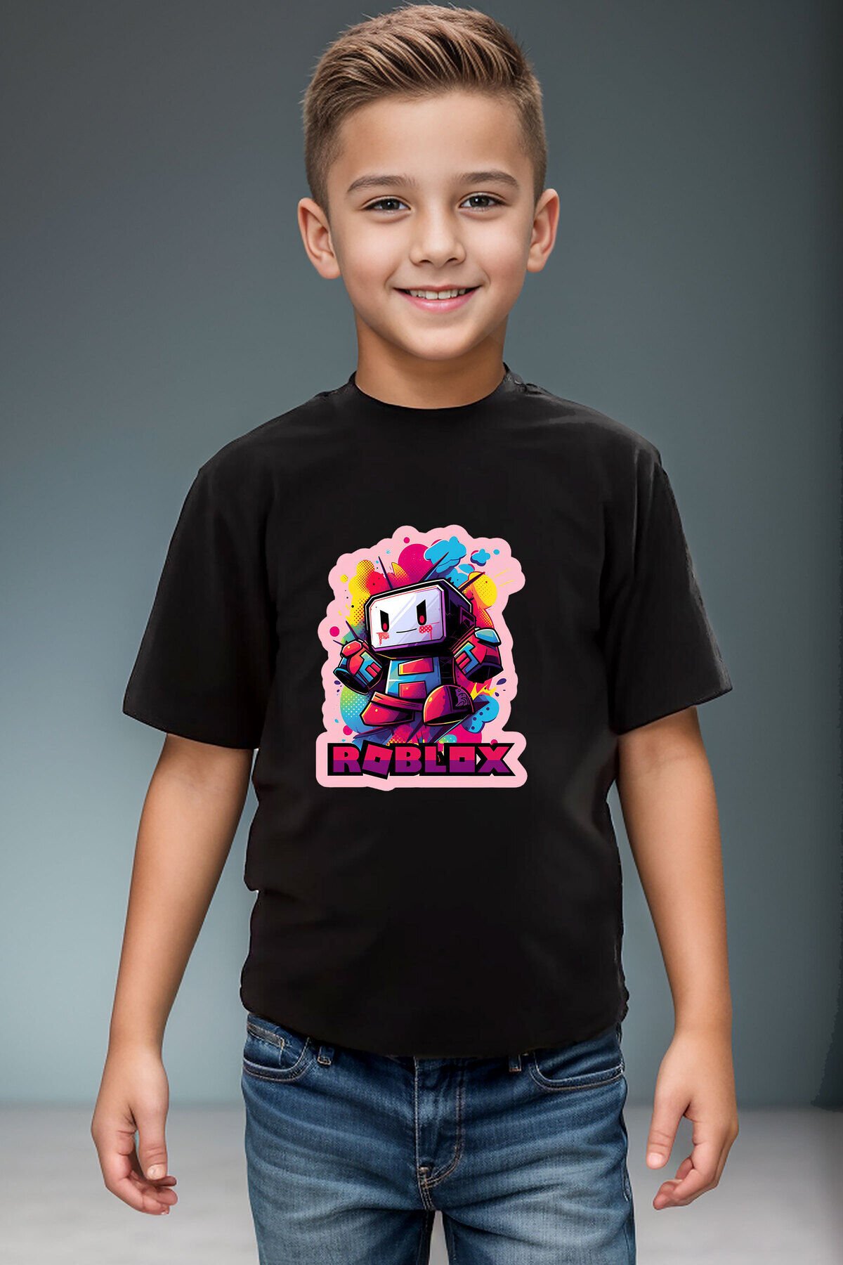 Roblox Yazılı Renkli Karakter Baskılı %100 Pamuk Premium Erkek Çocuk Kız Çocuk Beyaz T-shirt Siyah - 9-10 Yaş