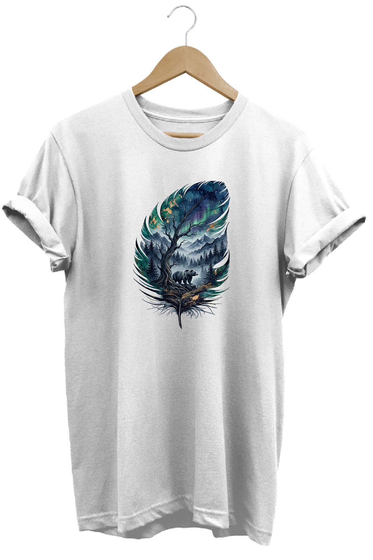 Unisex Vahşi Doğa Ayı ve Orman Baskılı Tüy Tasarım Kamp Tişörtü Beyaz - 3XL