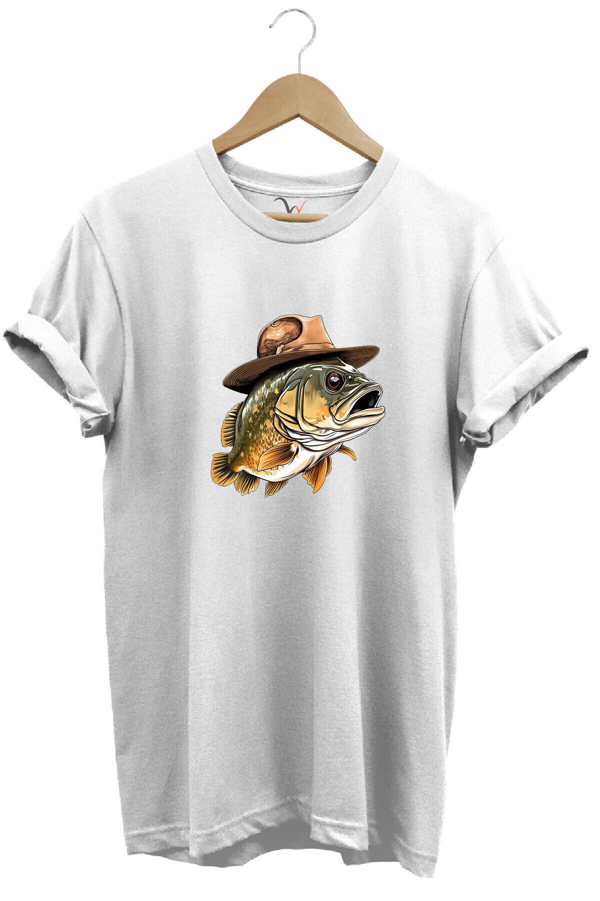 Avcılık Hunting Şapkalı Levrek Balığı Baskılı %100 Pamuk Regular Fit Bisiklet Yaka Gri T-shirt Beyaz - 2XL
