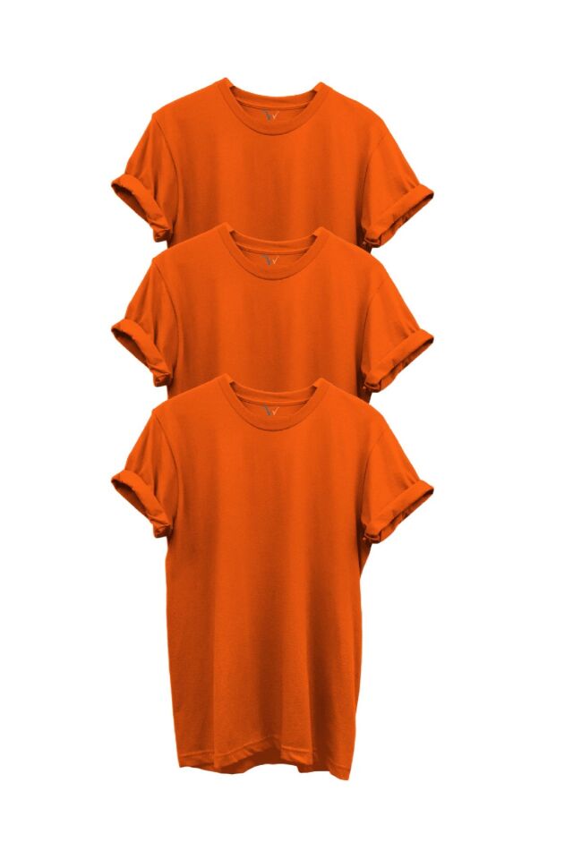 3'lü Turuncu %100 Pamuk Regular Fit Bisiklet Yaka Premium Turuncu T-shirt