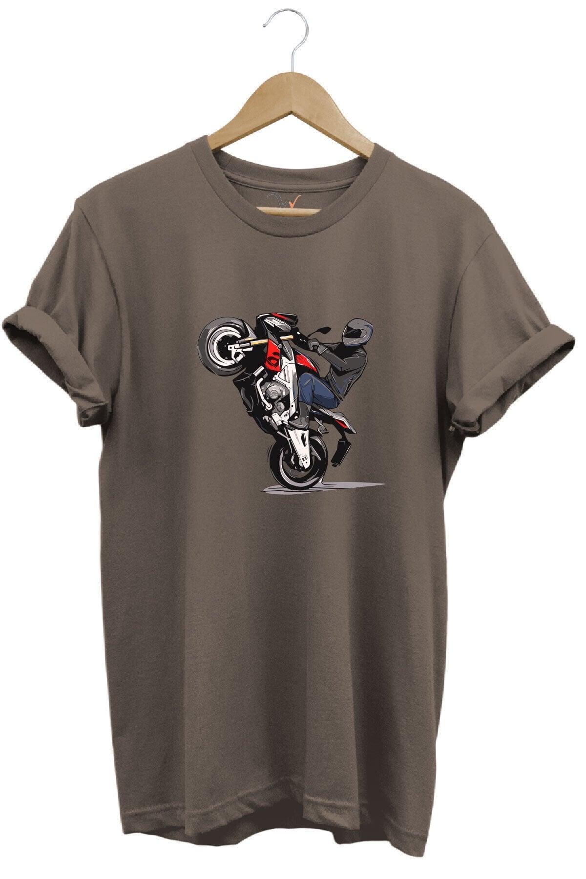 Ön Kaldıran Racing Motorcu Baskılı %100 Pamuk Kahverengi T-shirt