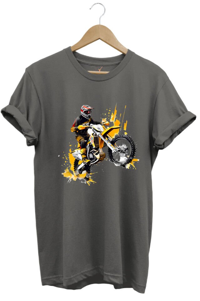 Motorcu Cross Motosiklet Baskılı Ön Kaldıran Motorcu %100 Pamuk Regular Fit Bisiklet Yaka T-Shirt Gri - 2XL