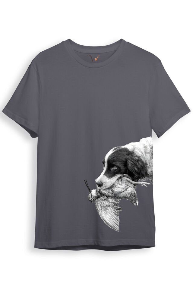 Hunter Avcılık Baskılı Av Köpeği Yan Detay Bakılı Regular Fit Gri T-shirt Antrasit - L