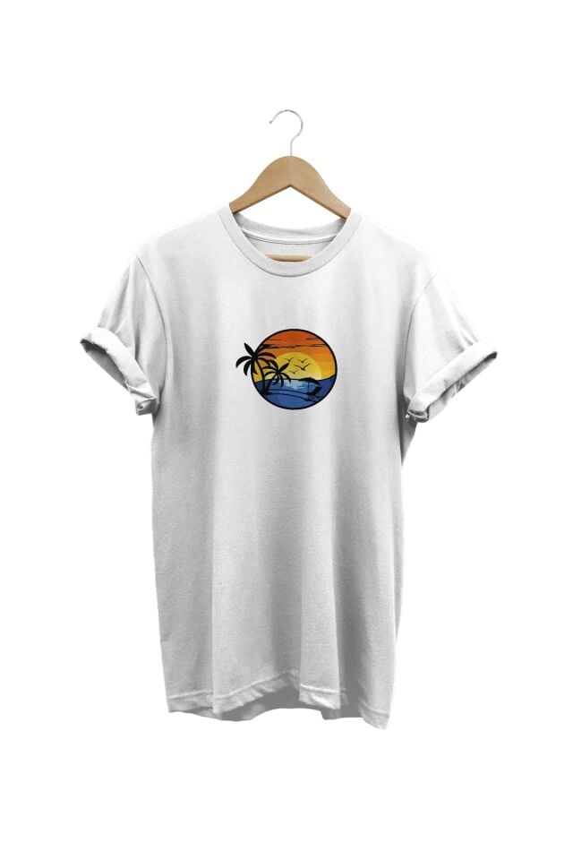Palmiye Baskılı Beyaz T-shirt