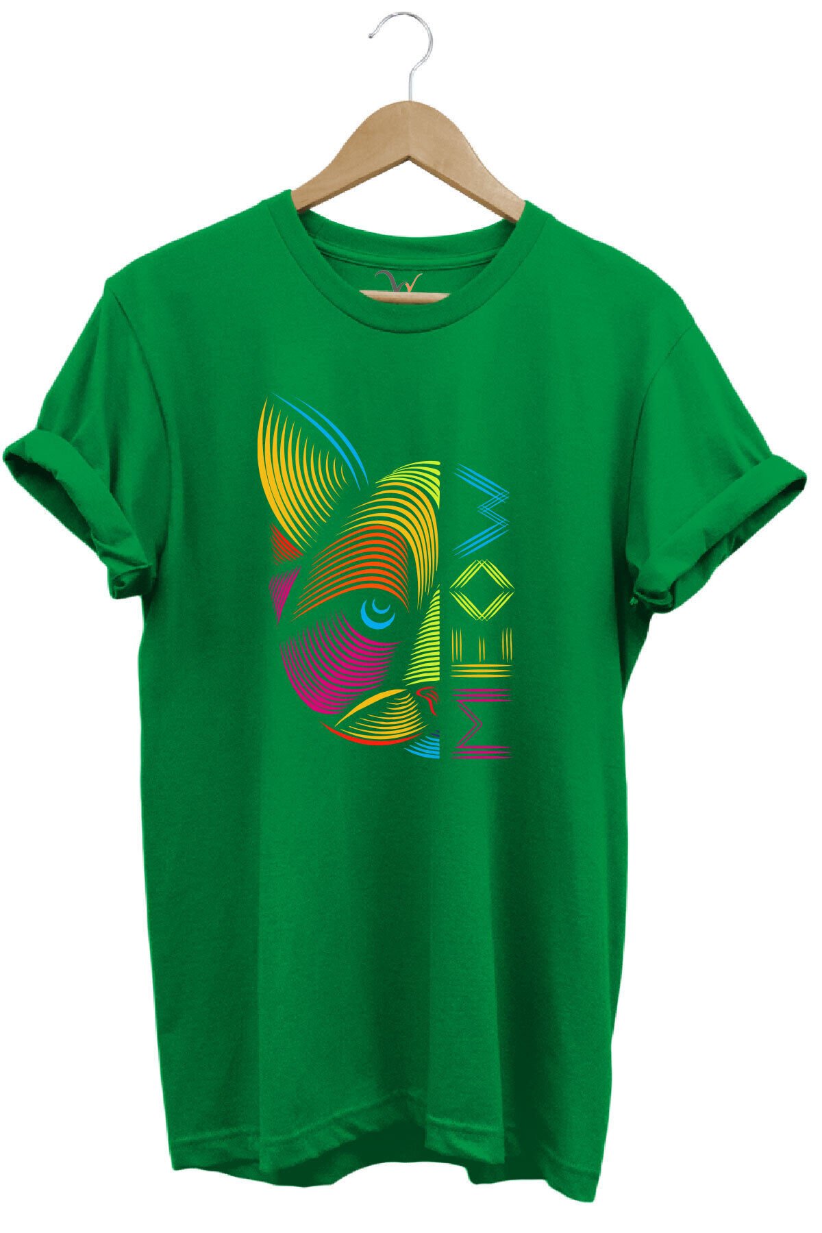 MEOW Renkli Geometrik Kedi Baskılı %100 Pamuk Unisex Regular Fit T-Shirt Yeşil - L