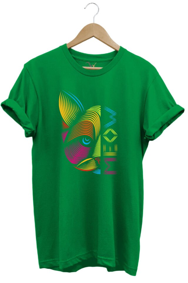 MEOW Renkli Geometrik Kedi Baskılı %100 Pamuk Unisex Regular Fit T-Shirt Yeşil - L