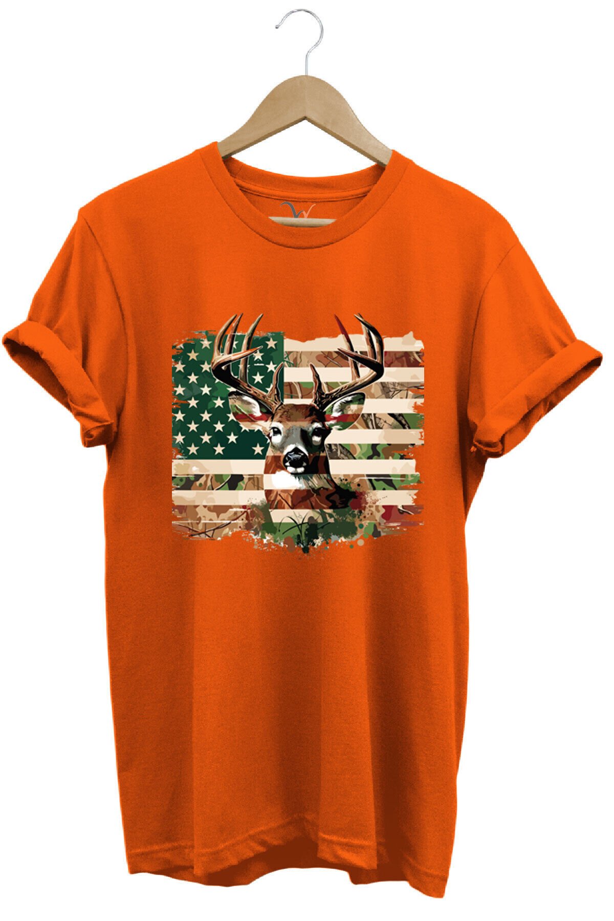 Hunting Avcılık Kamuflaj Geyik Avı Poster Baskılı %100 Pamuk Regular Fit Bisiklet Yaka Haki T-shirt Turuncu - S