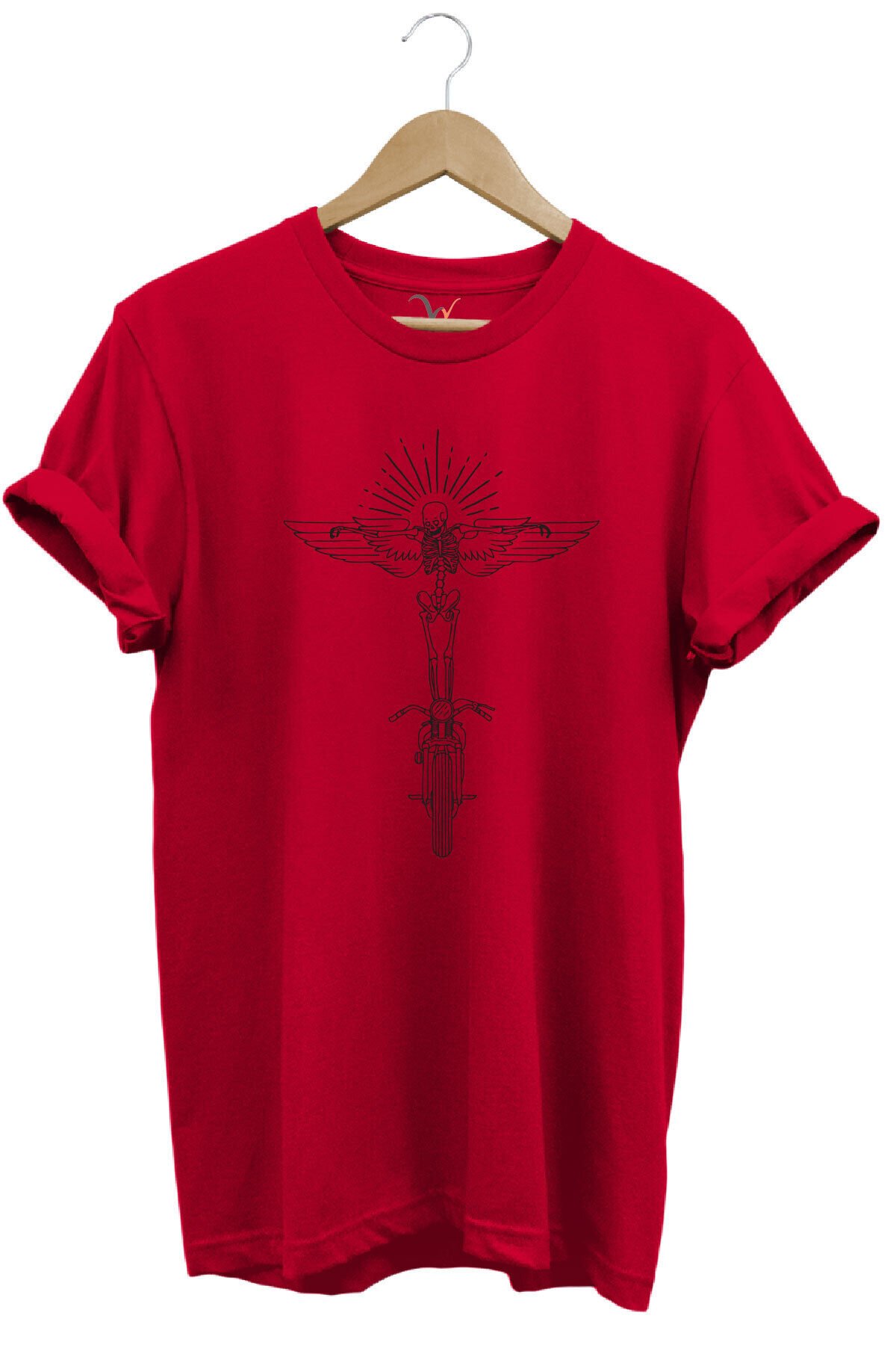 Motorcu Kanat Ve Iskelet Çizgisel Tasarım Baskılı %100 Pamuk Regular Fit Premium Beyaz T-shirt Kırmızı - XL