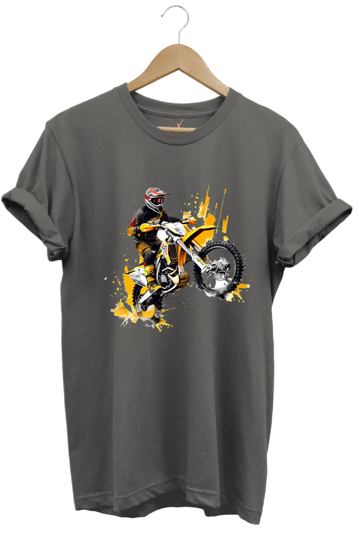Motorcu Cross Motosiklet Baskılı Ön Kaldıran Motorcu %100 Pamuk Regular Fit Bisiklet Yaka T-Shirt Gri - 3XL