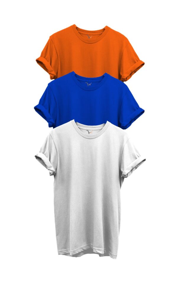 3'lü Turuncu Saks Mavi Beyaz Set %100 Pamuk Regular Fit Bisiklet Yaka Premium T-shirt