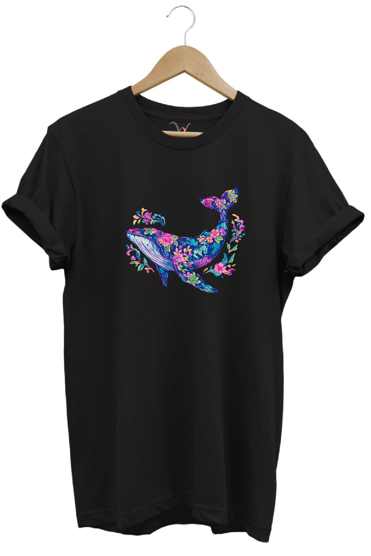 Renkli Balık Balina Desenli Baskılı %100 Pamuk Regular Fit Unisex T-Shirt Siyah - L