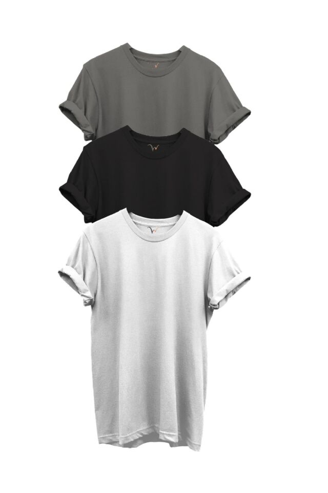 3'lü Antrasit Gri Siyah Beyaz Set %100 Pamuk Regular Fit Bisiklet Yaka Premium T-shirt
