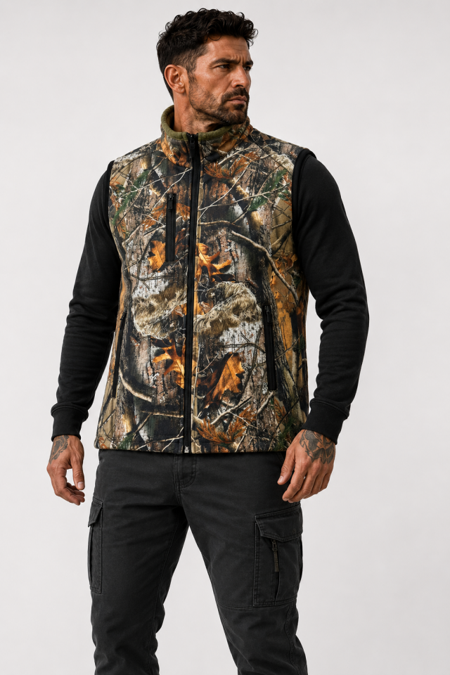 Widi Hunting Erkek Orman Kamuflaj Outdoor Yelek Fermuarlı 3 Cepli Dik Yaka