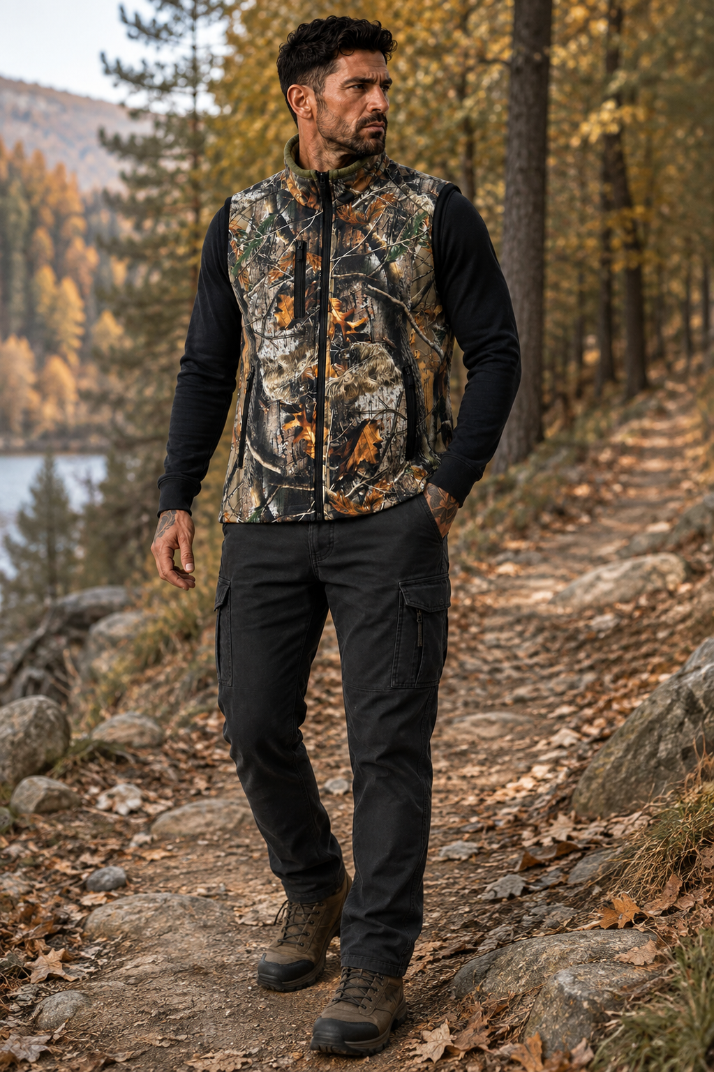 Widi Hunting Erkek Orman Kamuflaj Outdoor Yelek Fermuarlı 3 Cepli Dik Yaka