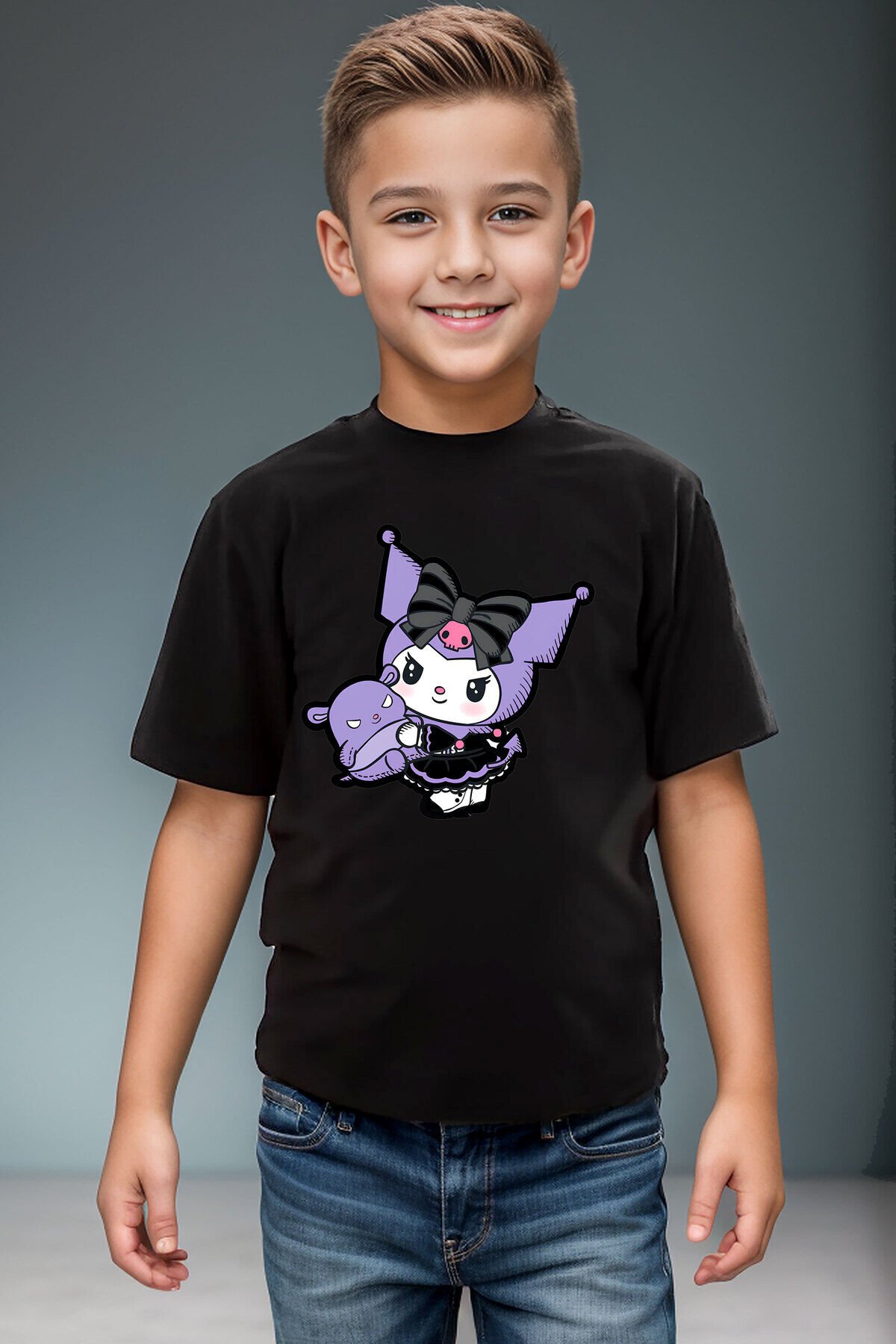 Kuromi Sevimli Karakter Gotik Baskılı %100 Pamuk Kız Çocuk Erkek Çocuk Siyah T-shirt Siyah - 13-14 Yaş