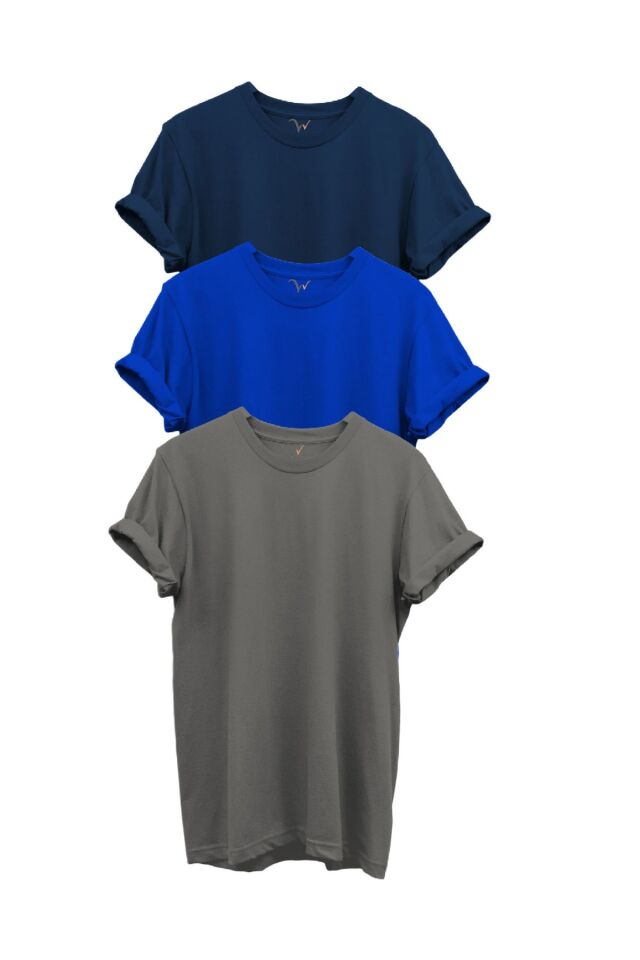 3'lü Siyah Saks Mavi Antrasit Gri Set %100 Pamuk Regular Fit Bisiklet Yaka Premium T-shirt