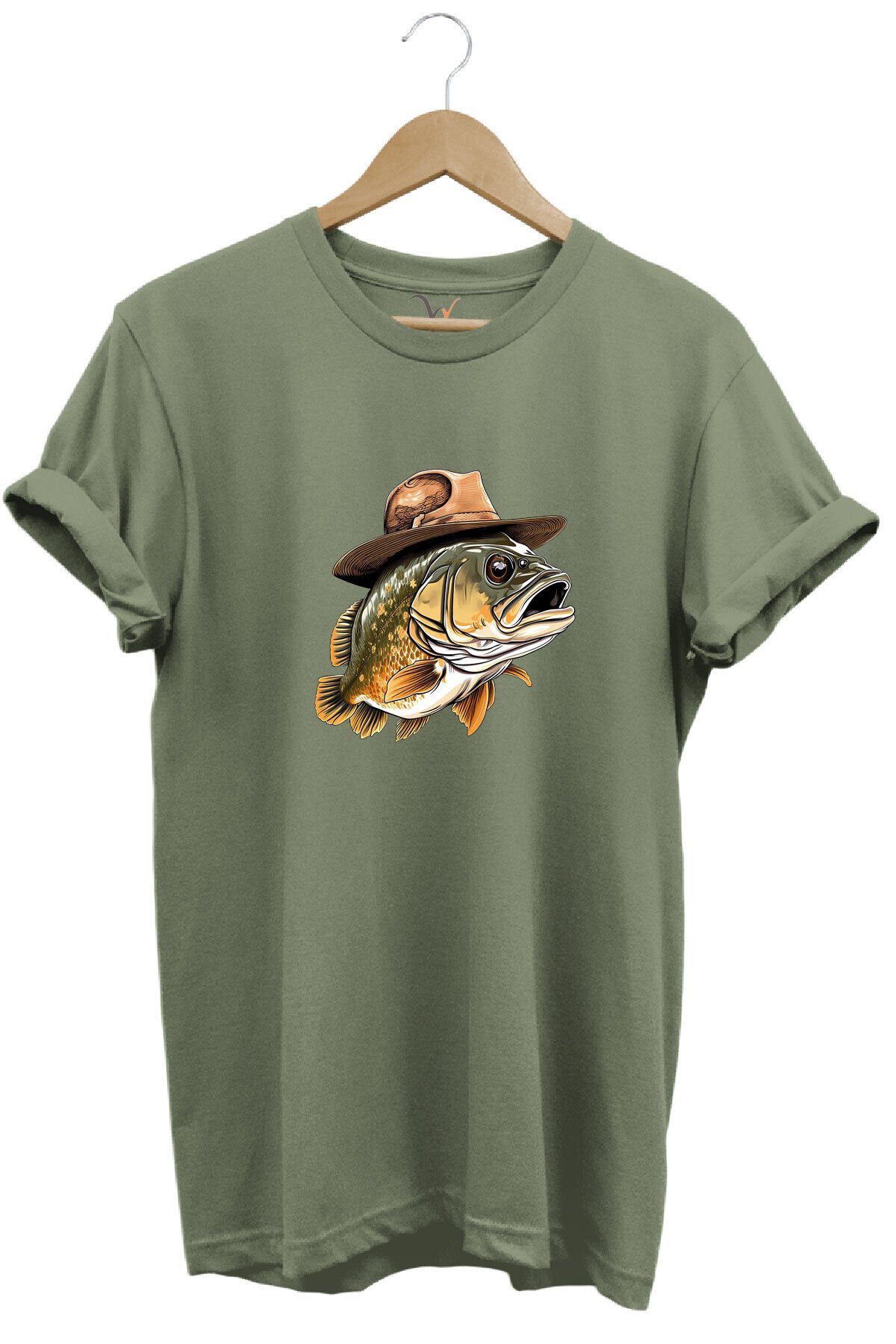 Avcılık Hunting Şapkalı Levrek Balığı Baskılı %100 Pamuk Regular Fit Bisiklet Yaka Gri T-shirt Haki - L