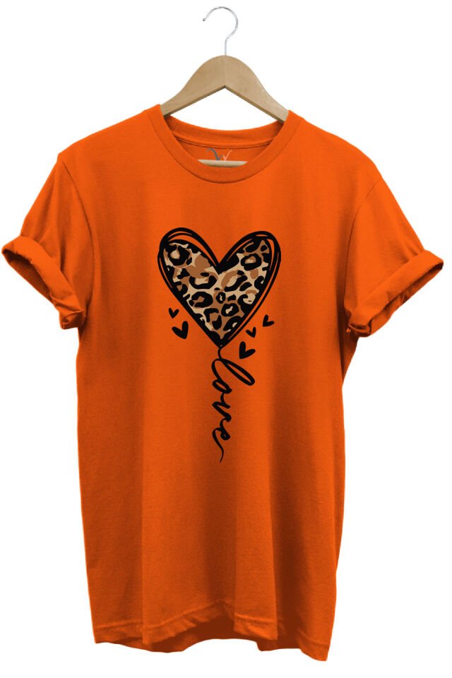 14 Şubat Sevgililer Günü Kalp Leopar Desen Baskılı %100 Pamuk Regular Fit Bisiklet Yaka T-Shirt Turuncu - L